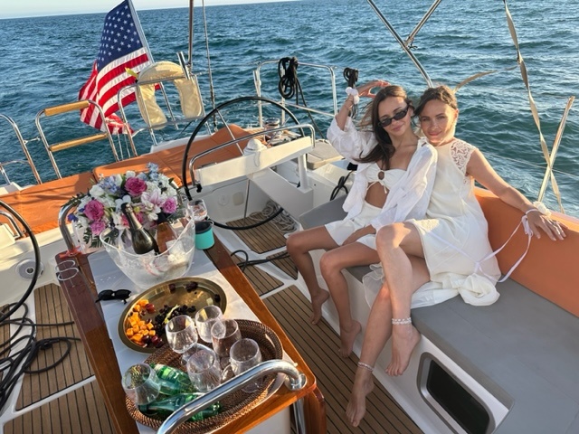 Luxury yacht lounge area on sparkling water